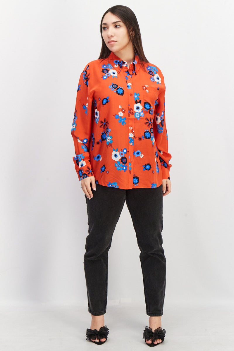 Women Spread Collar Long Sleeve Floral Print Blouse, Red Combo