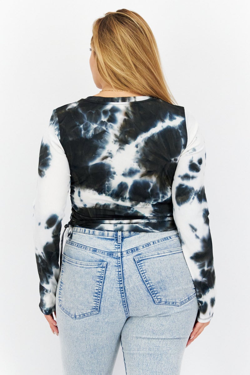 Women Round Neck Long Sleeve Tie-Dye Top, Black/Off White