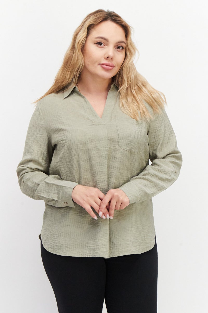 Women Spread Collar Long Sleeve Textured Shirt, Olive
