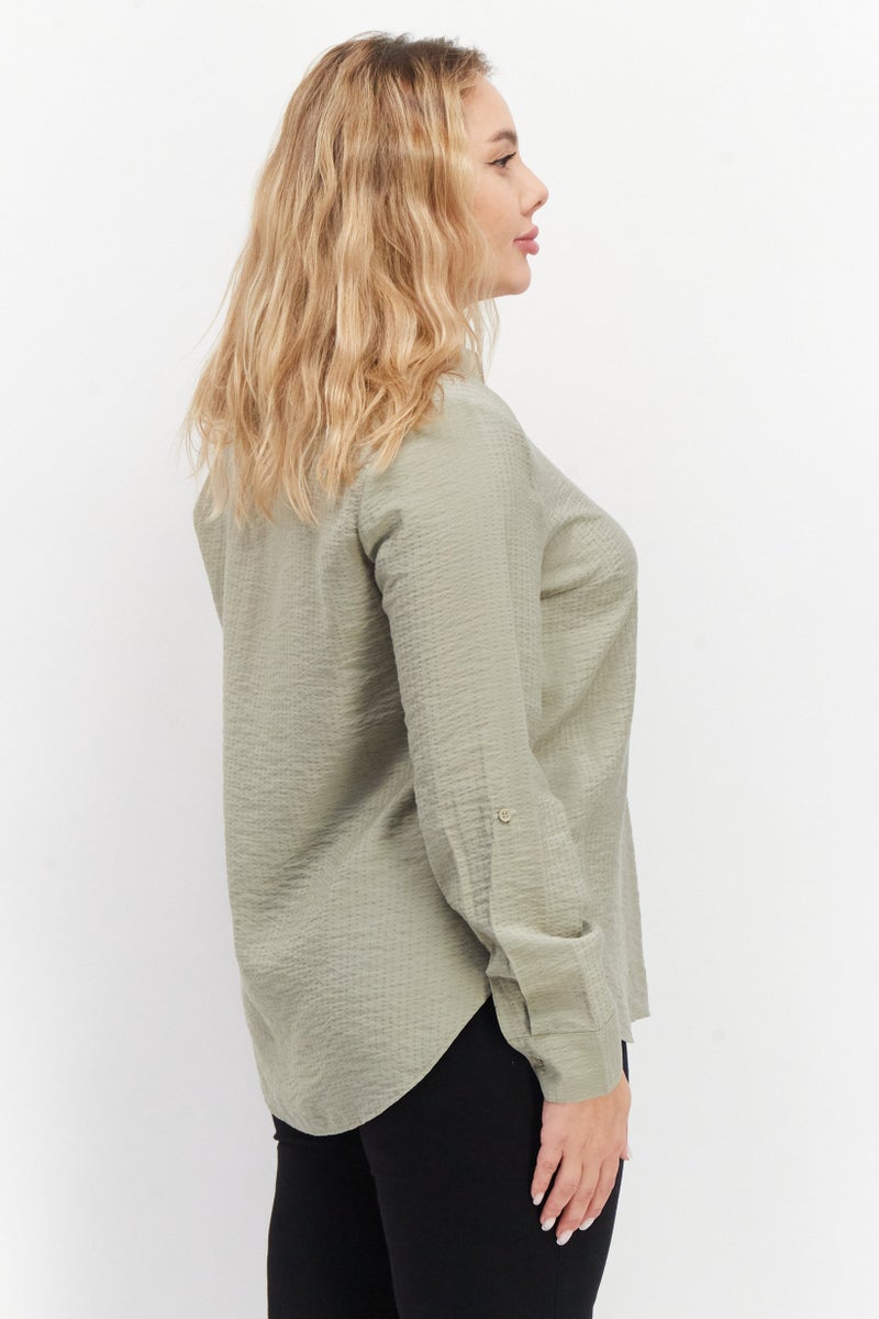 Women Spread Collar Long Sleeve Textured Shirt, Olive