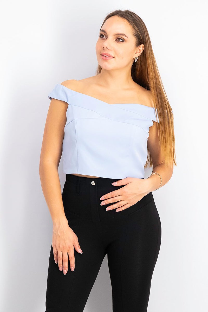 Women Off Shoulder Plain Tops, Light Blue