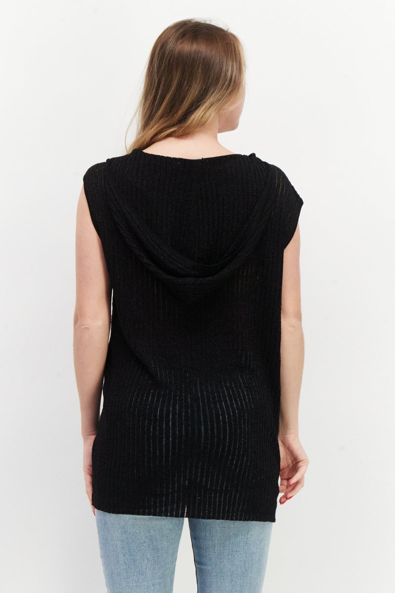 Women Hooded Sleeveless Textured Blouse, Black
