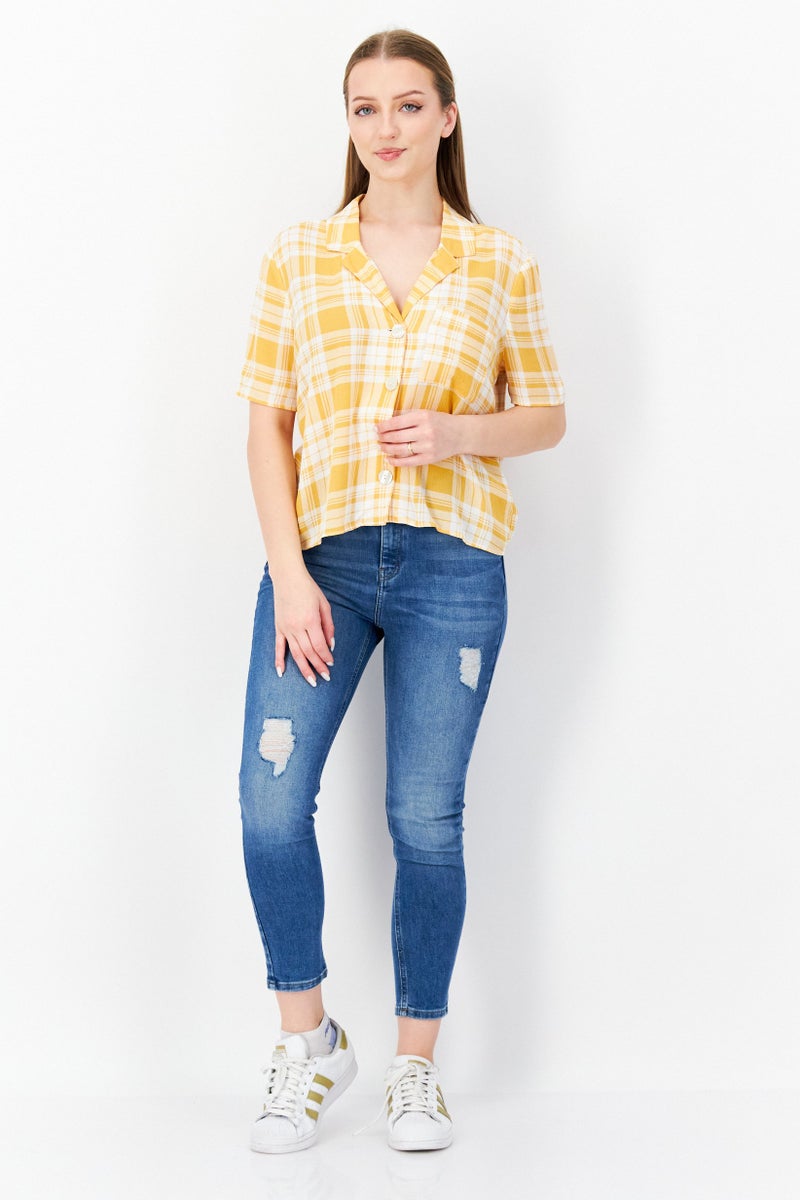 Women Petite Notched Collar Short Sleeve Plaid Blouse, Yellow/White