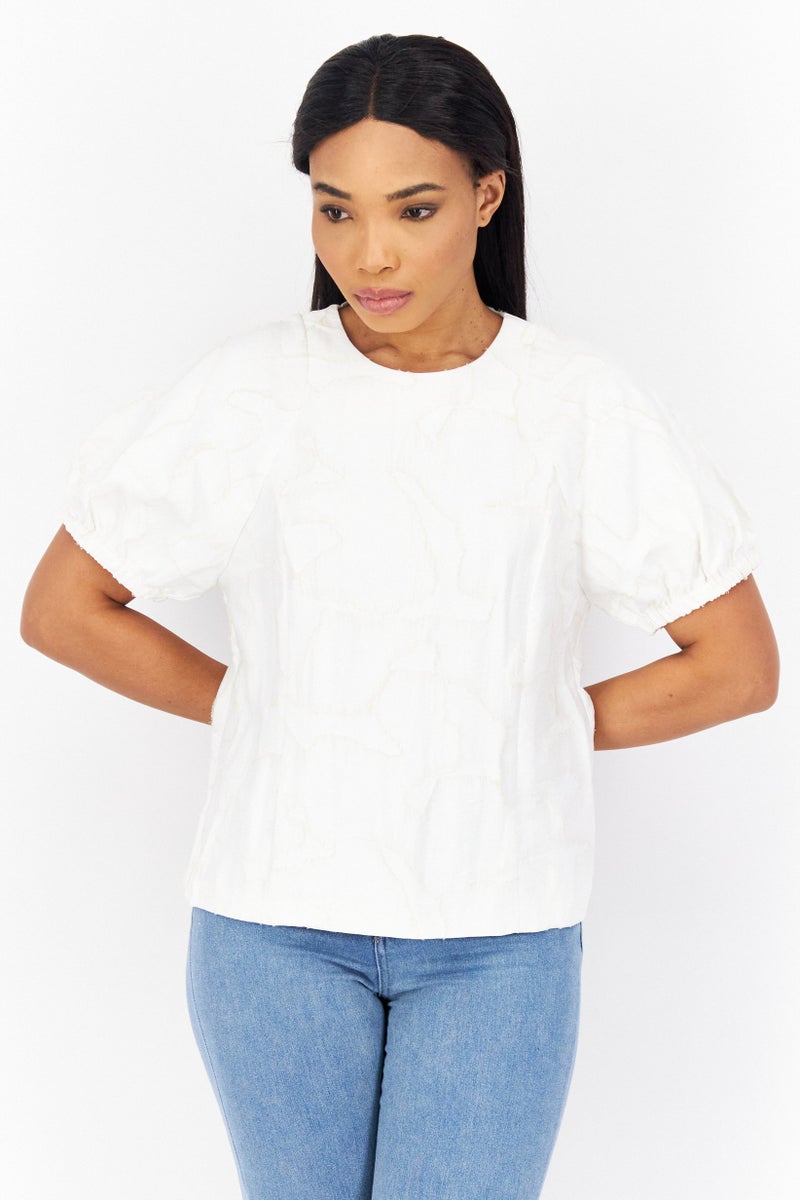 Women Crew Neck Short Sleeve Textured Top, White