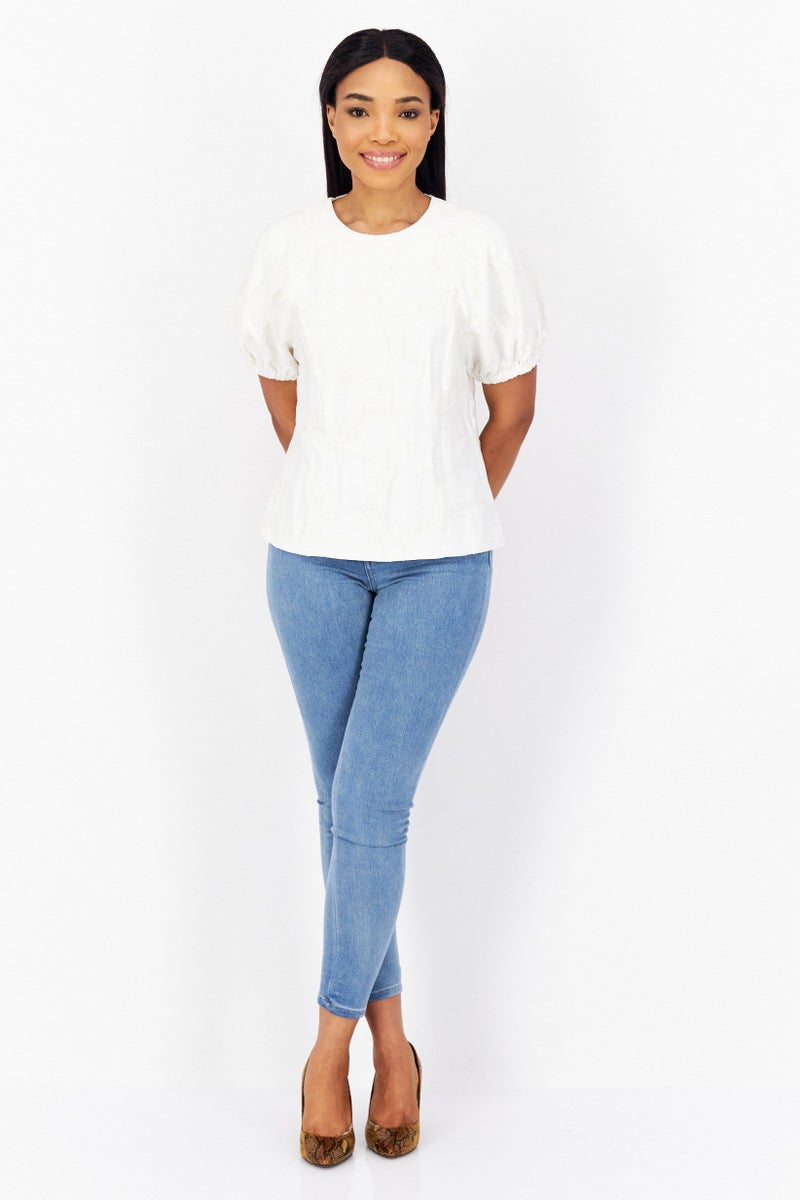 Women Crew Neck Short Sleeve Textured Top, White