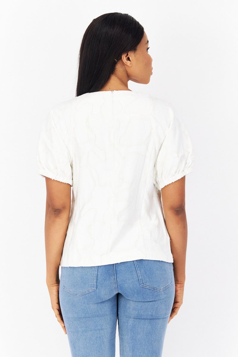 Women Crew Neck Short Sleeve Textured Top, White