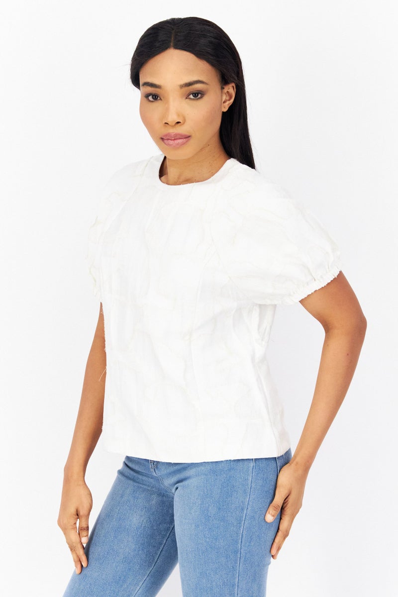 Women Crew Neck Short Sleeve Textured Top, White