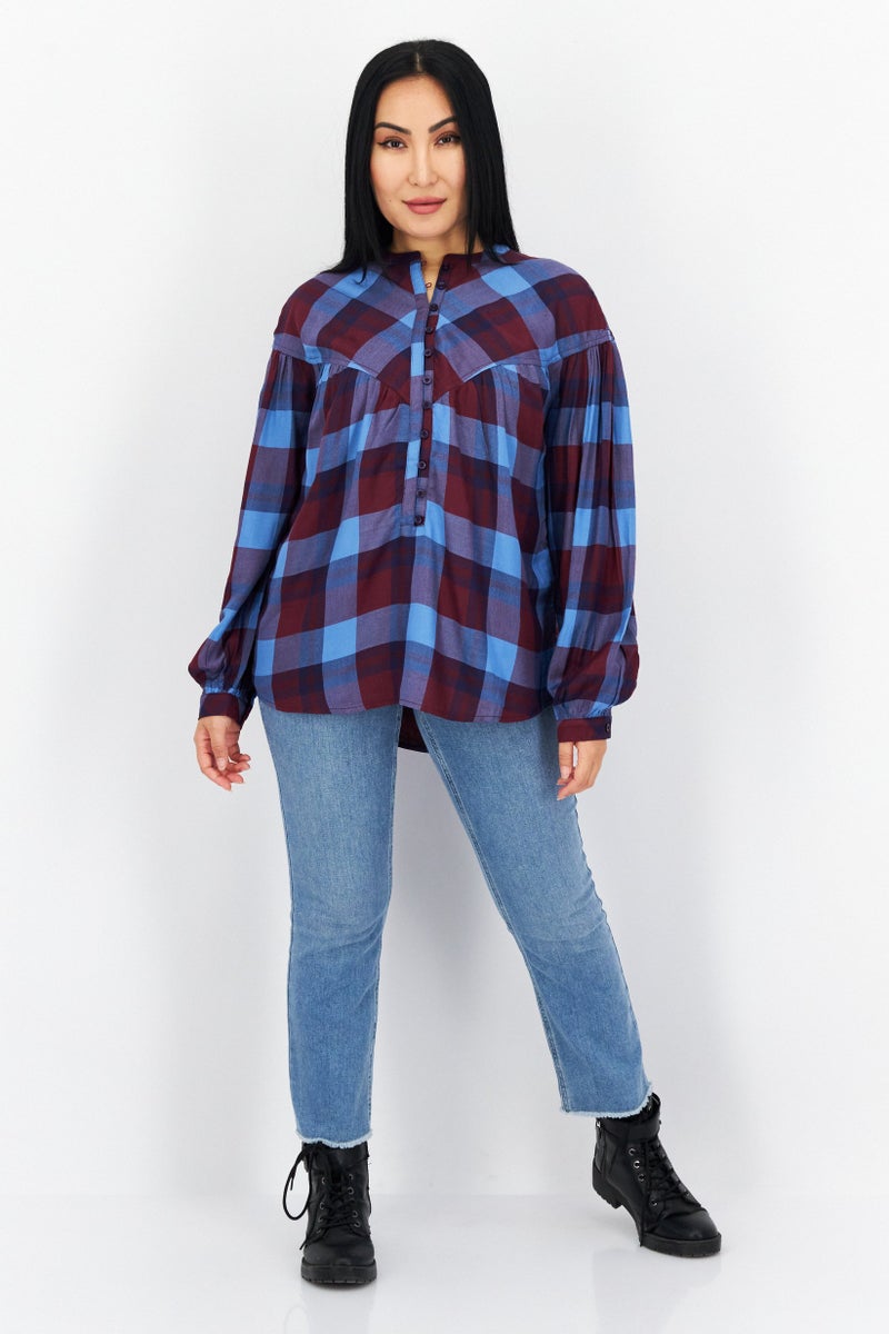 Women Crew Neck Long Sleeve Plaid Top, Maroon Combo