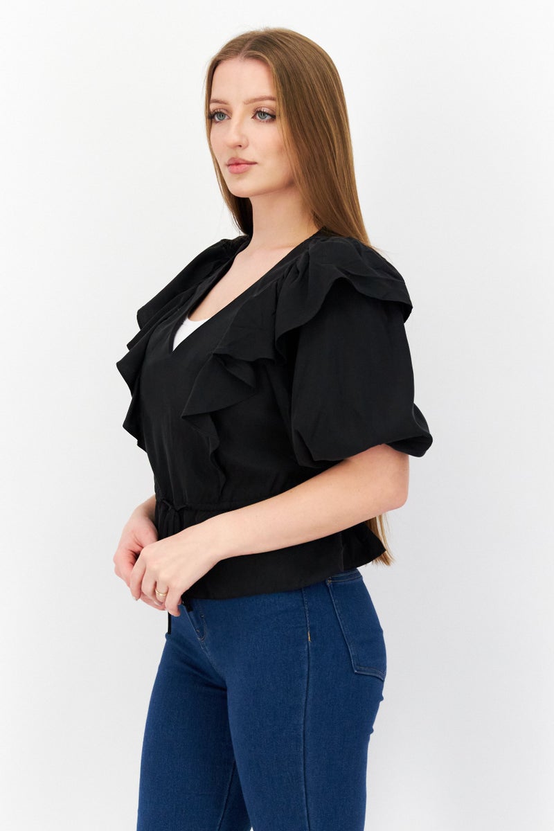 Women V-Neck 3/4 Sleeve Solid Blouse, Black