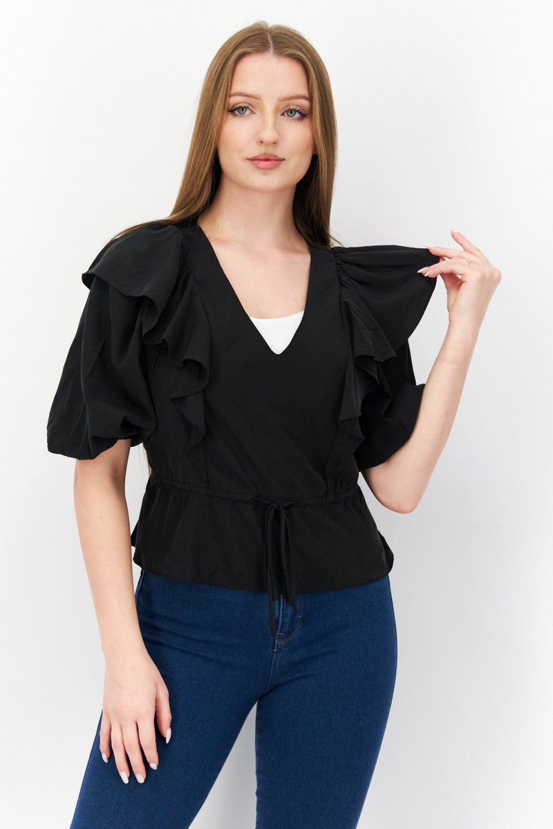 Women V-Neck 3/4 Sleeve Solid Blouse, Black