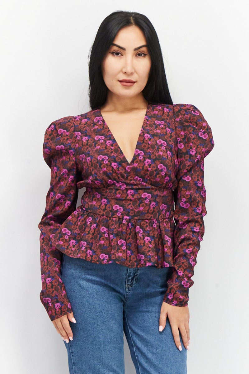 Women V-Neck Long Sleeves Floral Printed Top, Purple