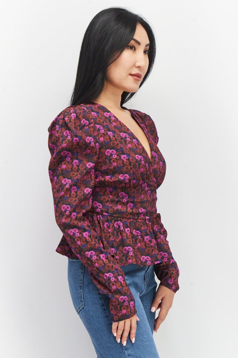 Women V-Neck Long Sleeves Floral Printed Top, Purple