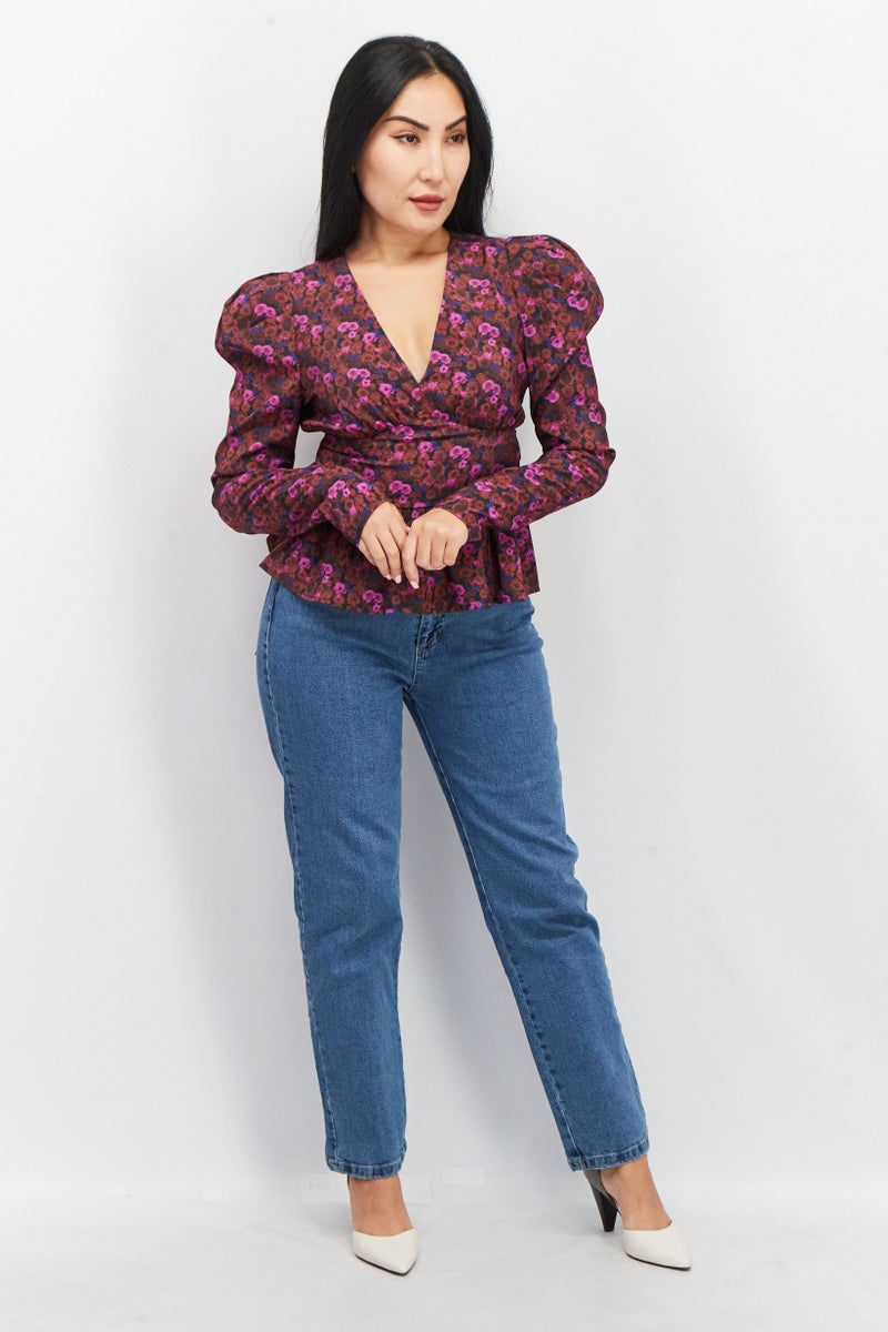 Women V-Neck Long Sleeves Floral Printed Top, Purple