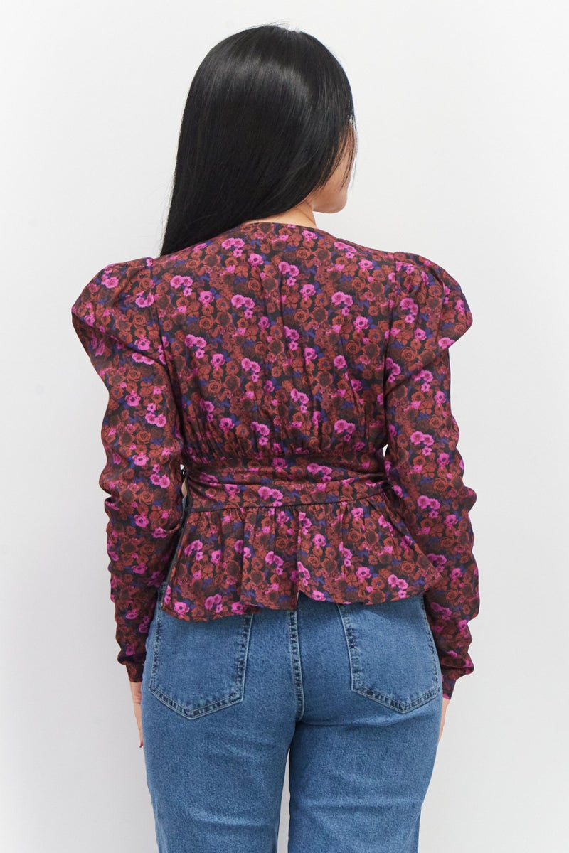 Women V-Neck Long Sleeves Floral Printed Top, Purple