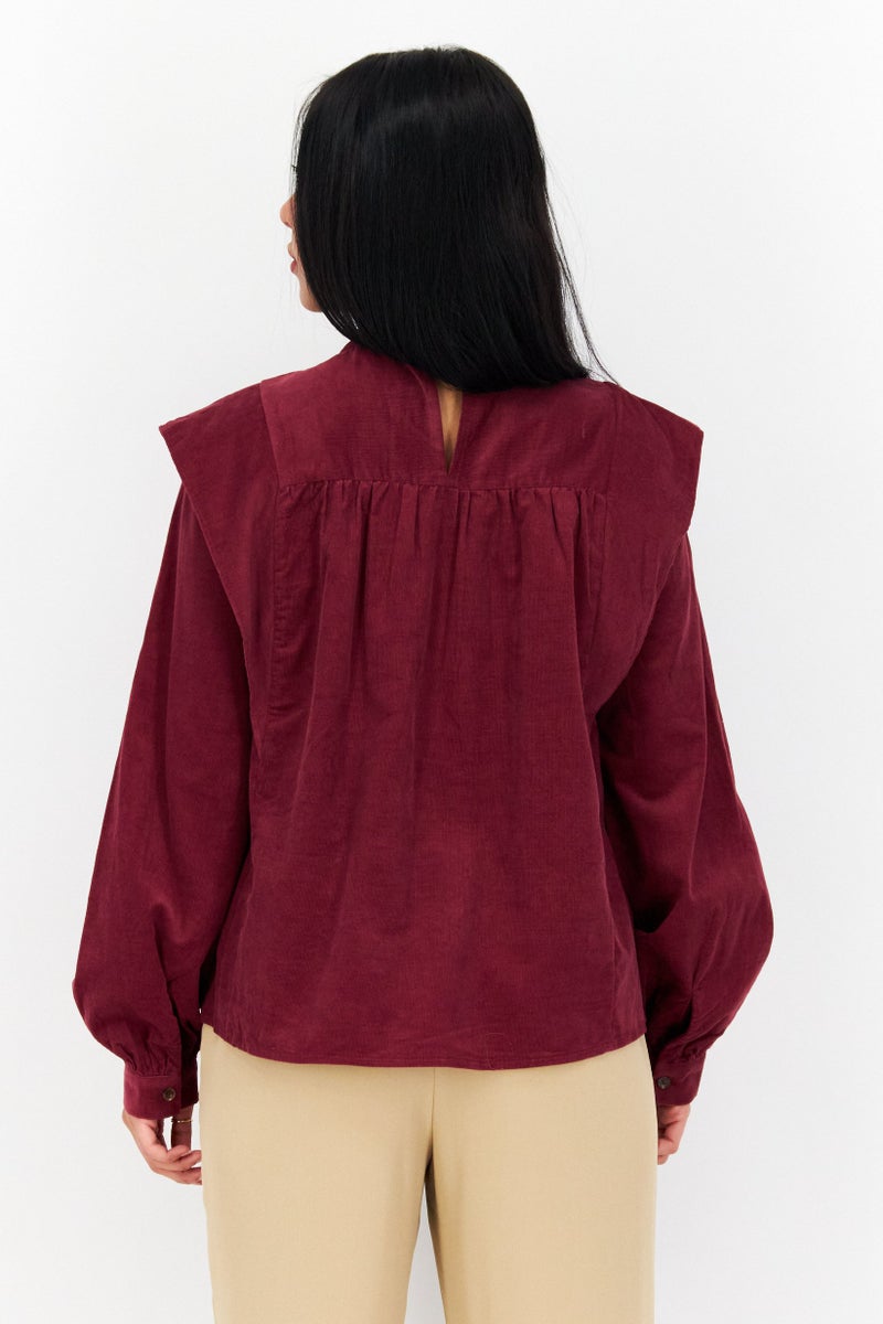 Women Mock Neck Long Sleeve Corduroy Blouse, Maroon