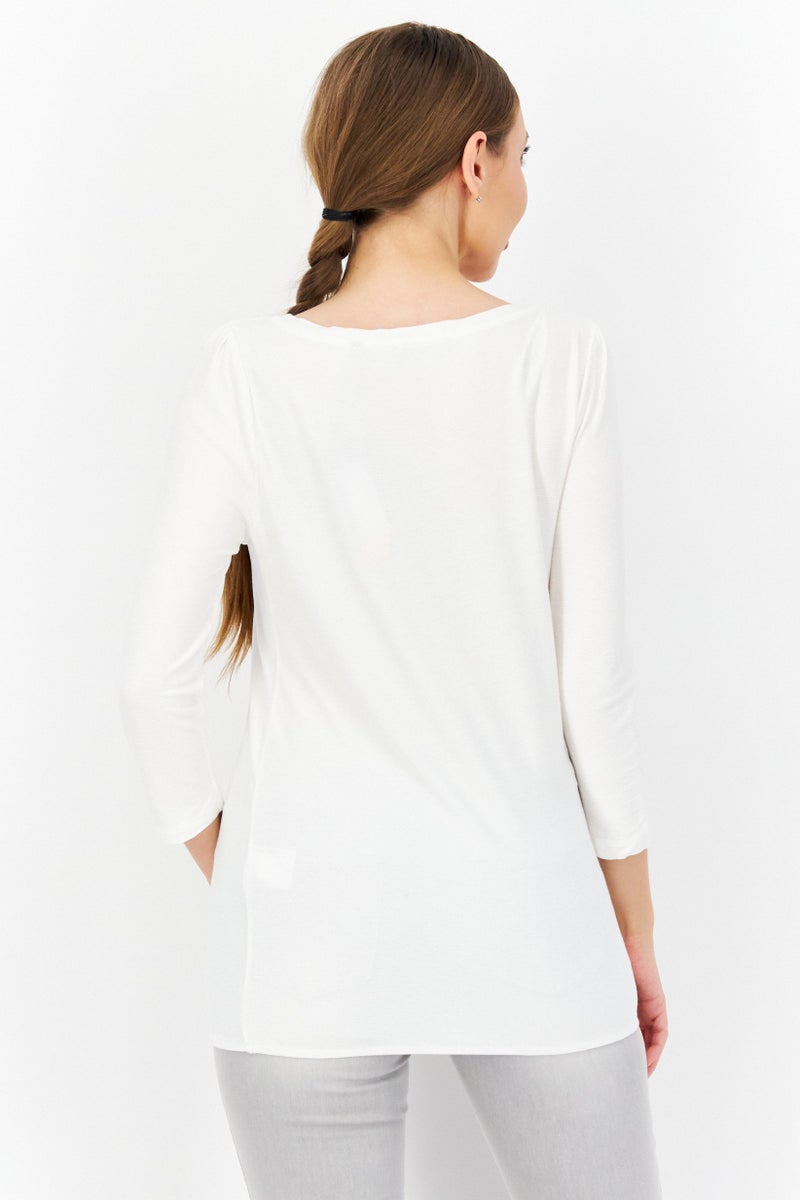 Women Round Neck Long Sleeve Textured Top, White