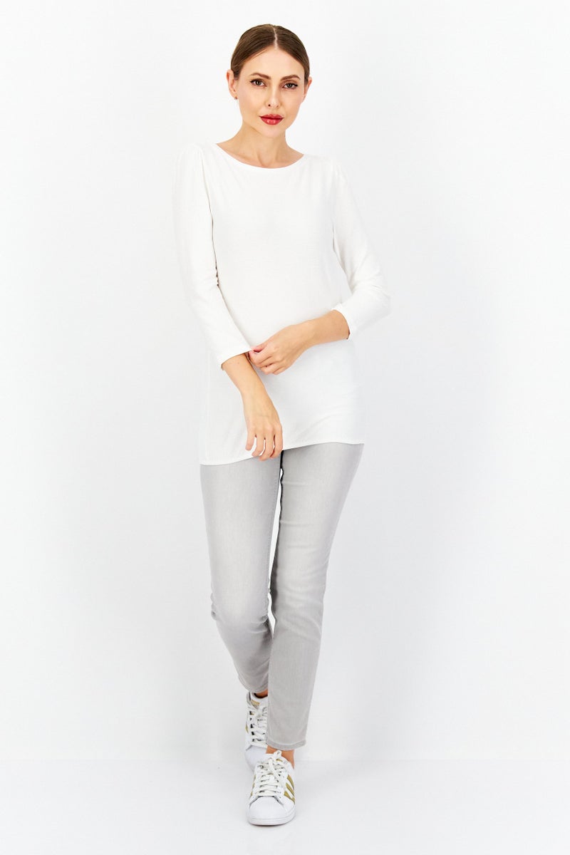 Women Round Neck Long Sleeve Textured Top, White
