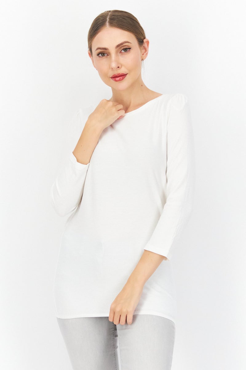 Women Round Neck Long Sleeve Textured Top, White