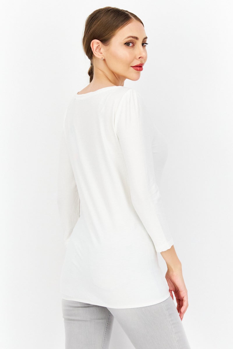 Women Round Neck Long Sleeve Textured Top, White