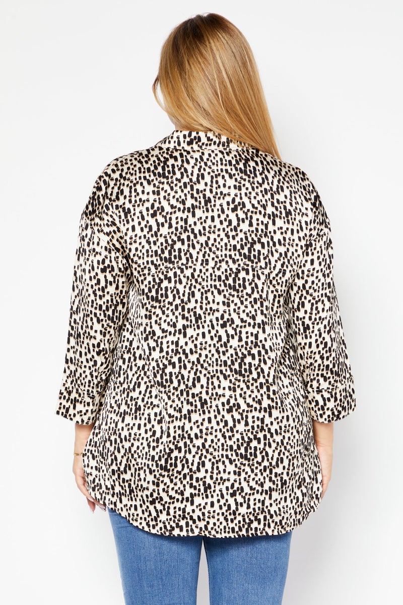 Women Spread Collar 3/4 Sleeves Allover Print Shirt, Black Combo