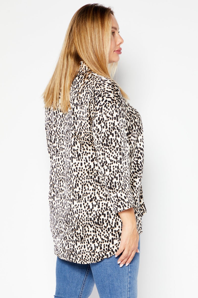 Women Spread Collar 3/4 Sleeves Allover Print Shirt, Black Combo