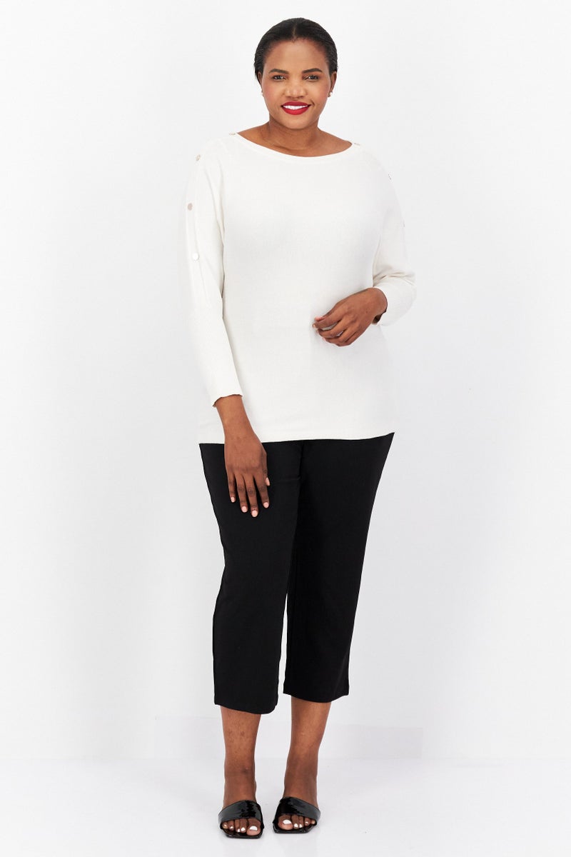 Women Plus Size Boat Neck Long Sleeve Textured Top, Beige