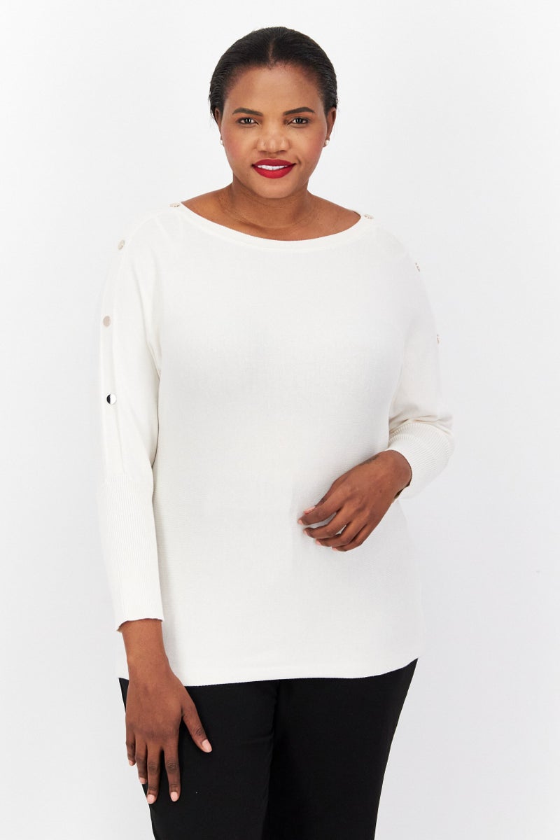 Women Plus Size Boat Neck Long Sleeve Textured Top, Beige