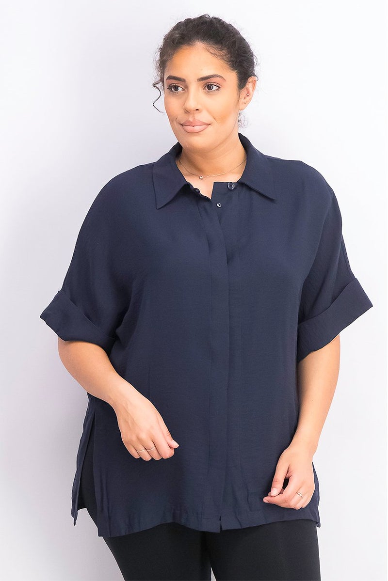 Women Spread Collar Flowy Short Sleeve Plain Top, Navy