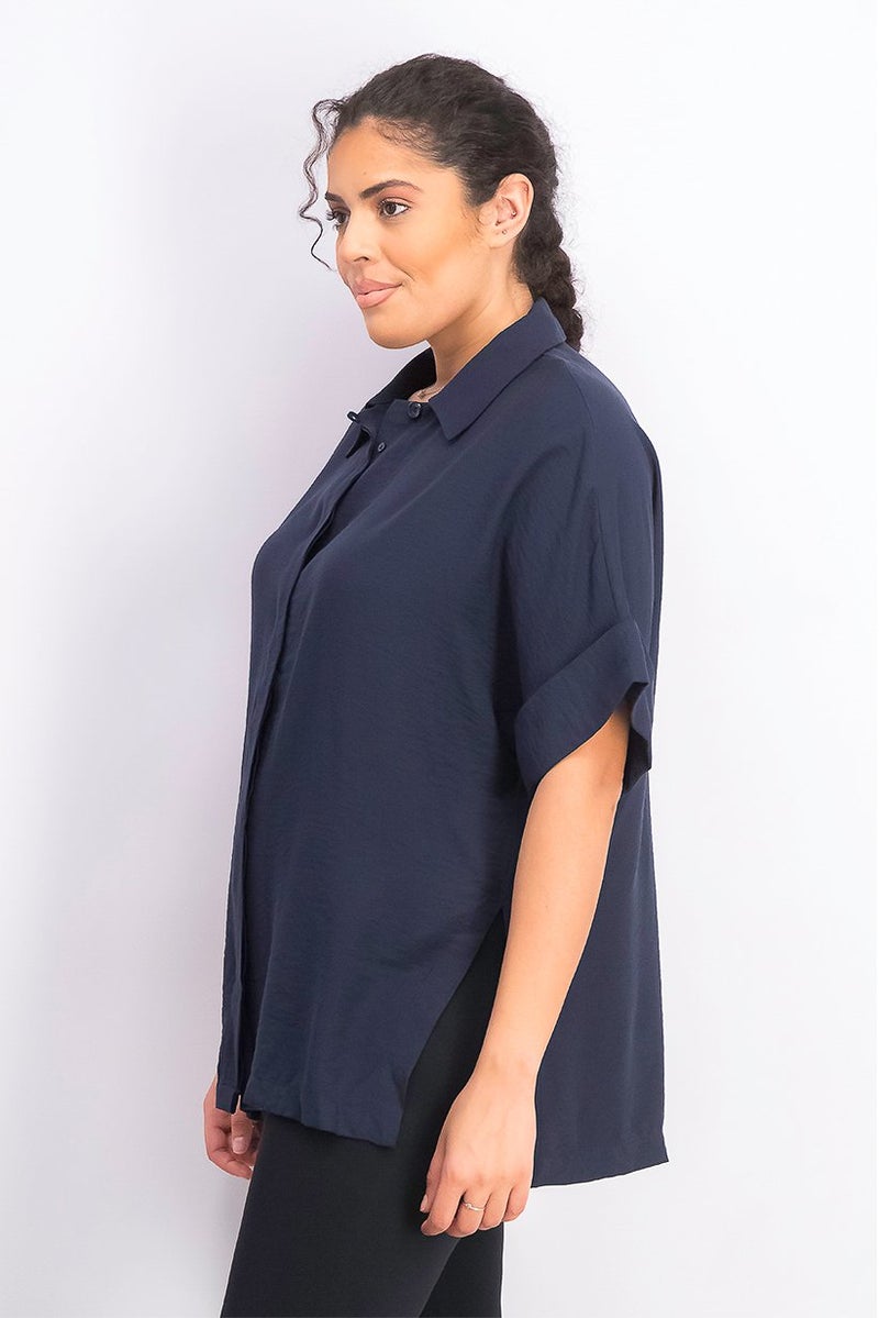 Women Spread Collar Flowy Short Sleeve Plain Top, Navy