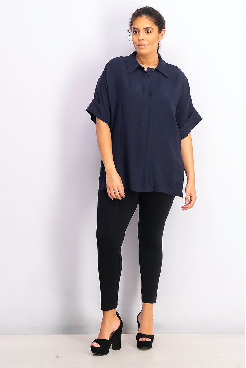 Women Spread Collar Flowy Short Sleeve Plain Top, Navy