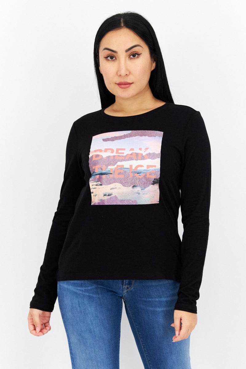 Women Crew Neck Long Sleeve Graphic Print Top, Black