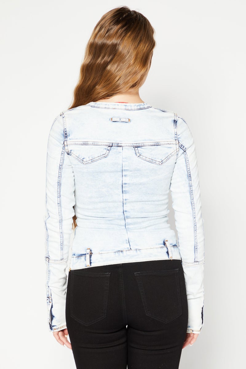 Women Round Neck Long Sleeves Denim Shirt, Washed Blue