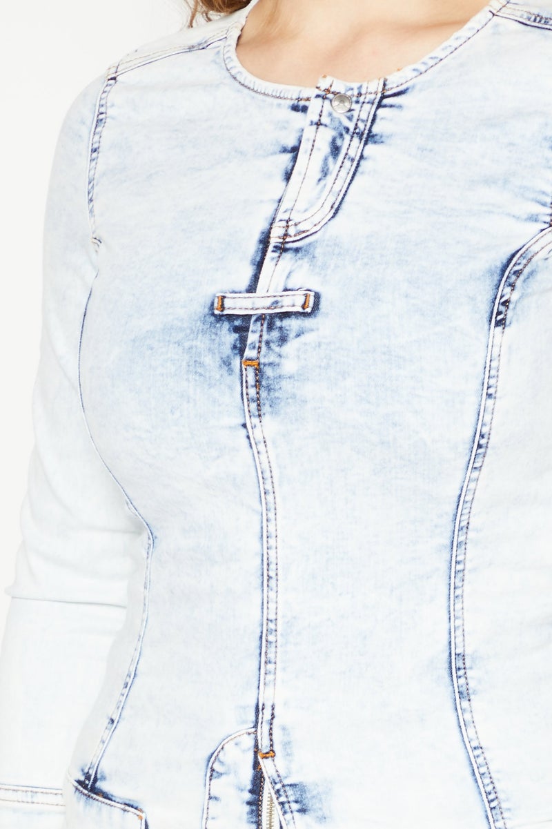 Women Round Neck Long Sleeves Denim Shirt, Washed Blue