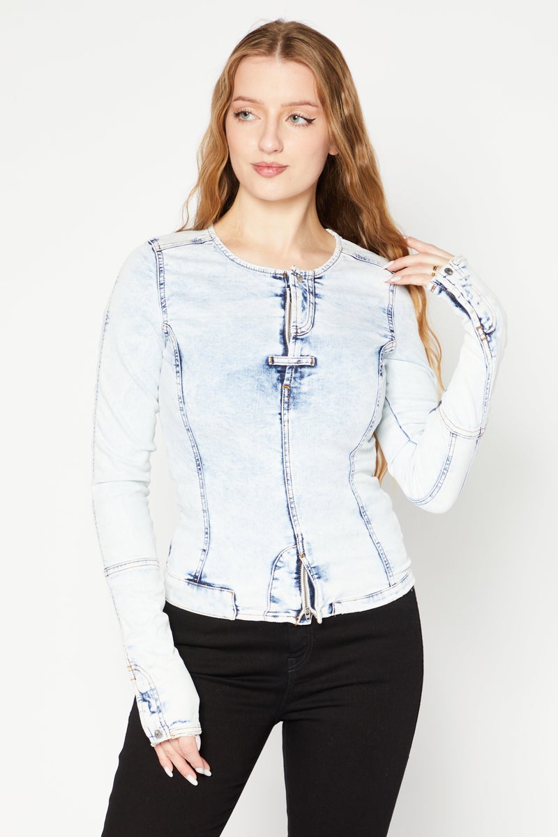 Women Round Neck Long Sleeves Denim Shirt, Washed Blue