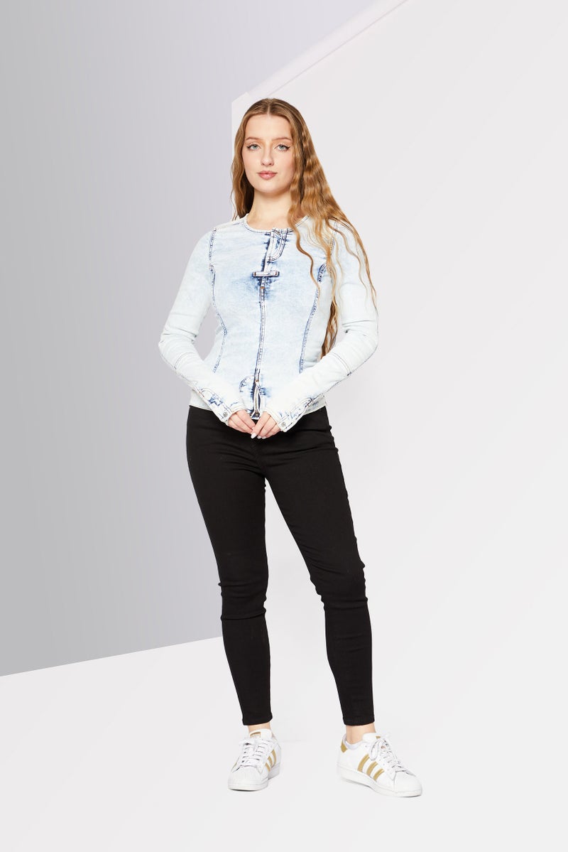 Women Round Neck Long Sleeves Denim Shirt, Washed Blue
