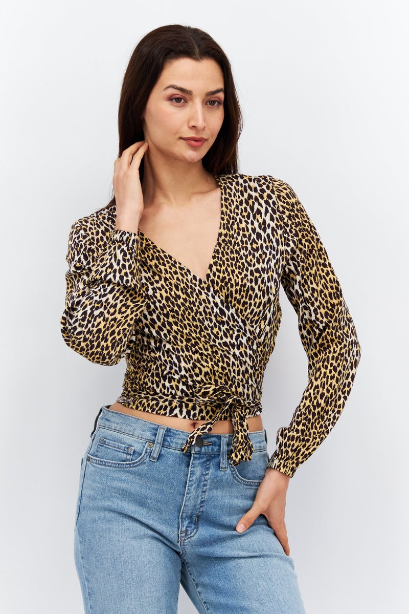 Women Split Neck Long Sleeve Animal Print Wrap Top, Brown