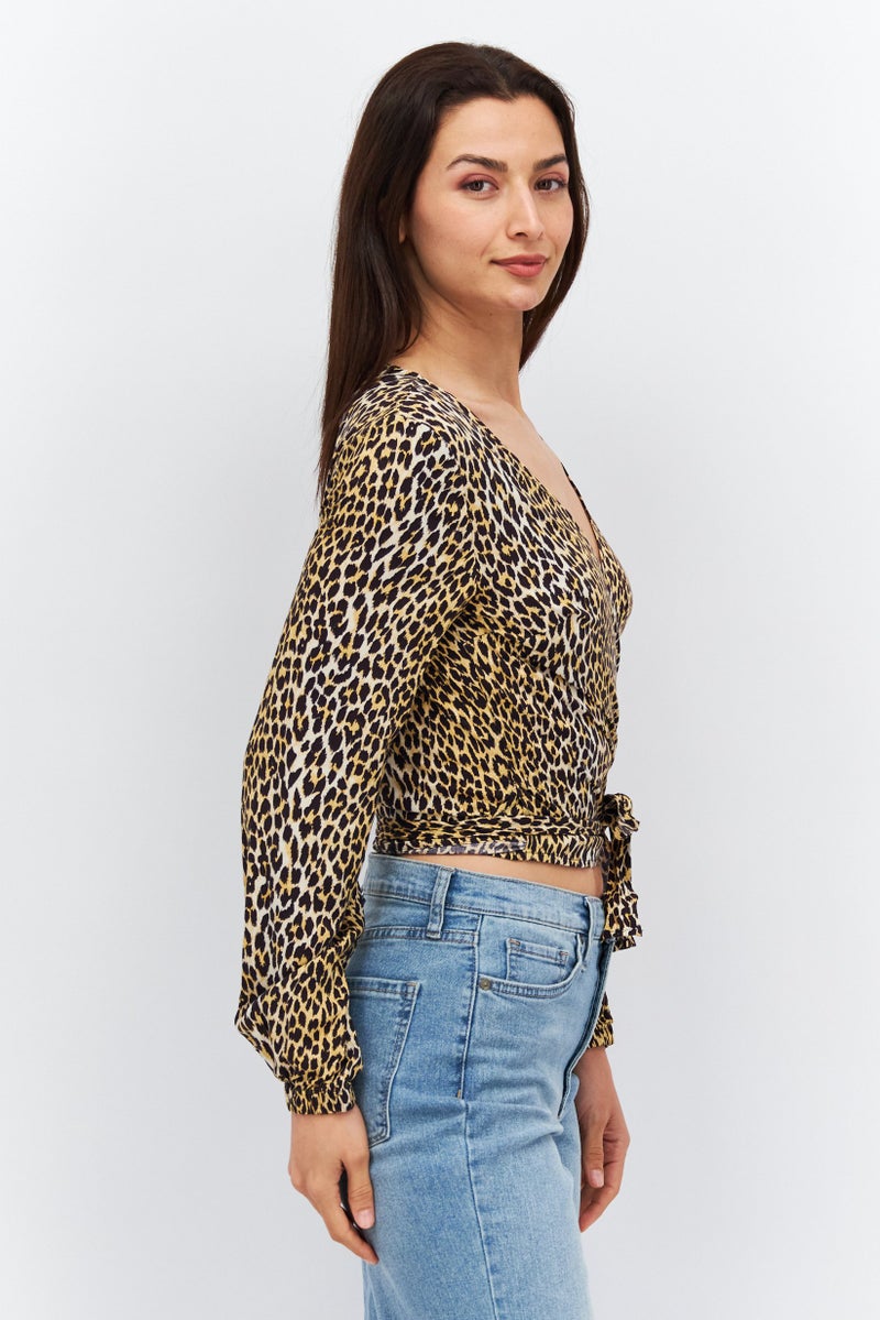 Women Split Neck Long Sleeve Animal Print Wrap Top, Brown