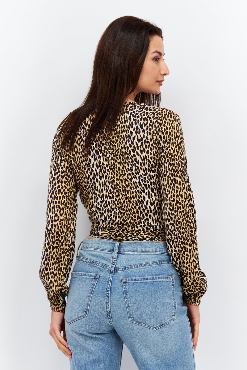 Women Split Neck Long Sleeve Animal Print Wrap Top, Brown