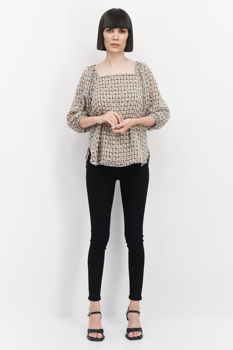 Women Square Neck 3/4 Sleeves Checkered Blouse, Tan