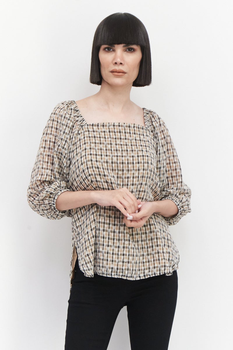 Women Square Neck 3/4 Sleeves Checkered Blouse, Tan