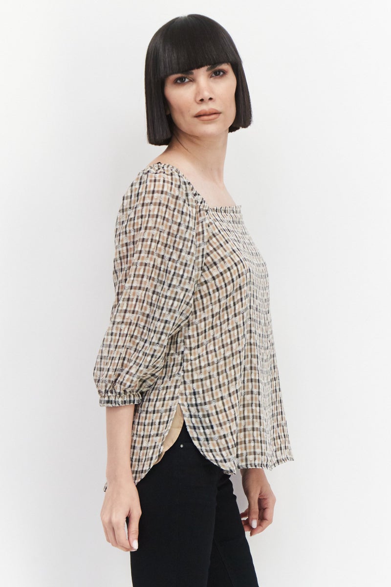 Women Square Neck 3/4 Sleeves Checkered Blouse, Tan