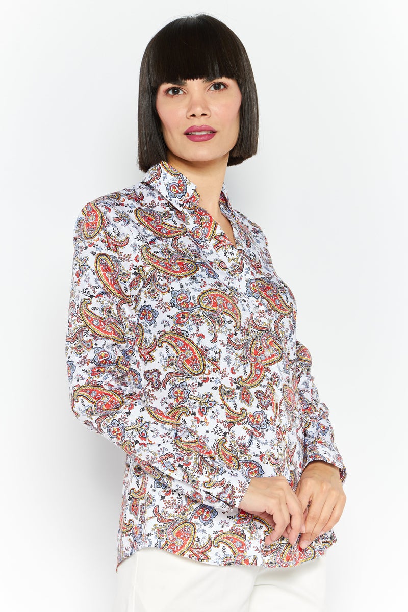 Women Spread Collar Long Sleeve Paisley Print Shirts, White Combo