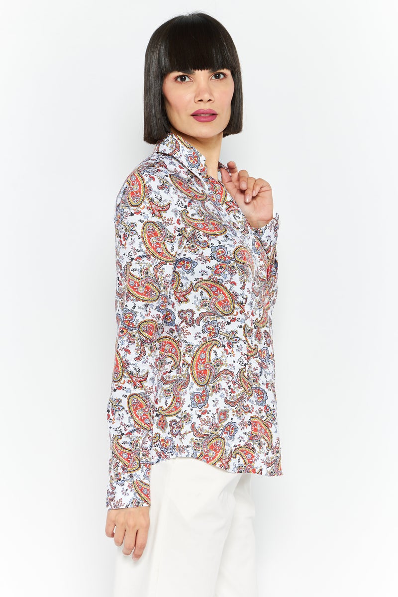 Women Spread Collar Long Sleeve Paisley Print Shirts, White Combo