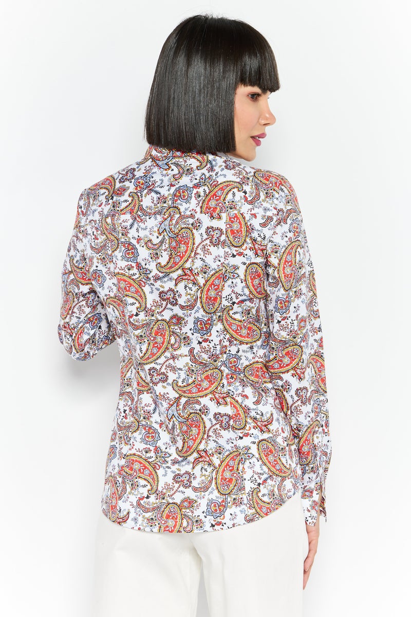 Women Spread Collar Long Sleeve Paisley Print Shirts, White Combo