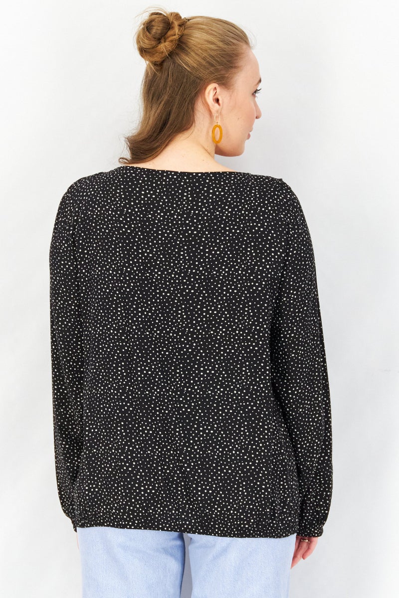 Women V-neck Long Sleeve Polka Dot Print Top, Black