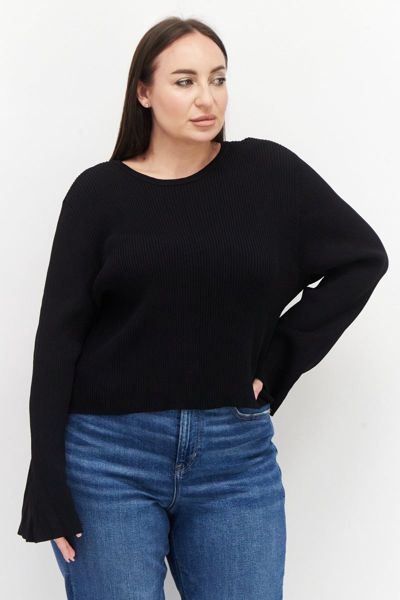 Women Round Neck Long Sleeve Plain Top, Black