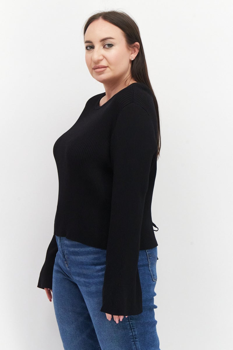 Women Round Neck Long Sleeve Plain Top, Black