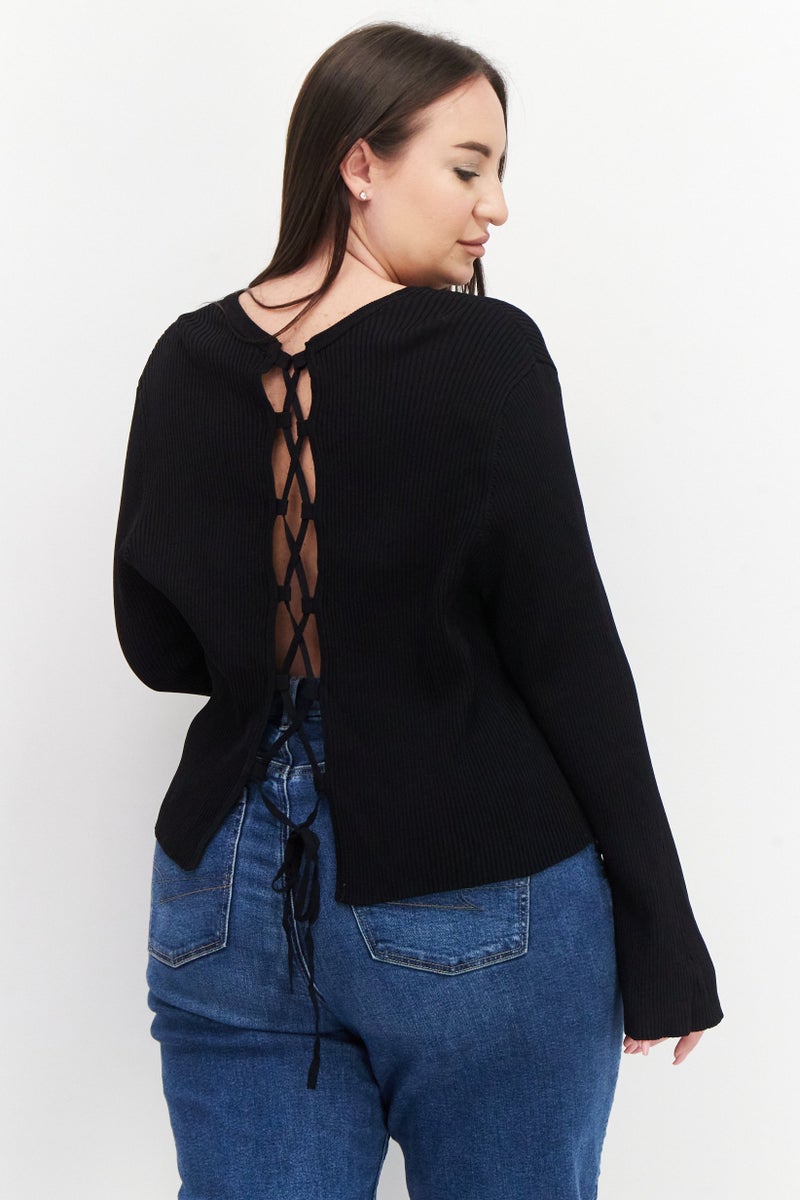 Women Round Neck Long Sleeve Plain Top, Black