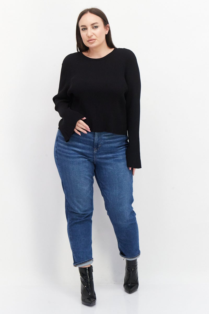 Women Round Neck Long Sleeve Plain Top, Black