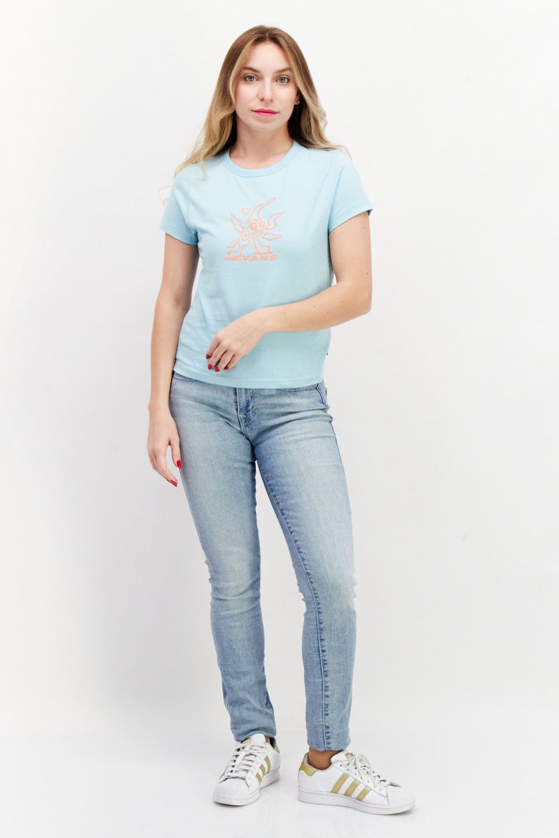 Women Crew Neck Short Sleeve Graphic Print Top, Light Blue